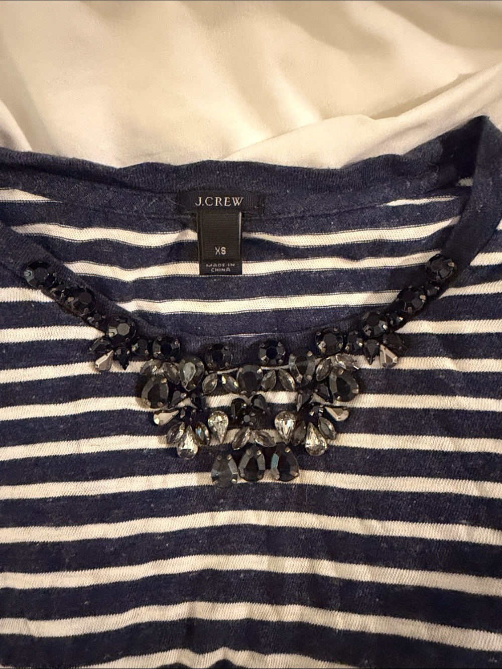 J.Crew Navy & Cream Painter Striped Jewel Embellished Cotton Tee XS
